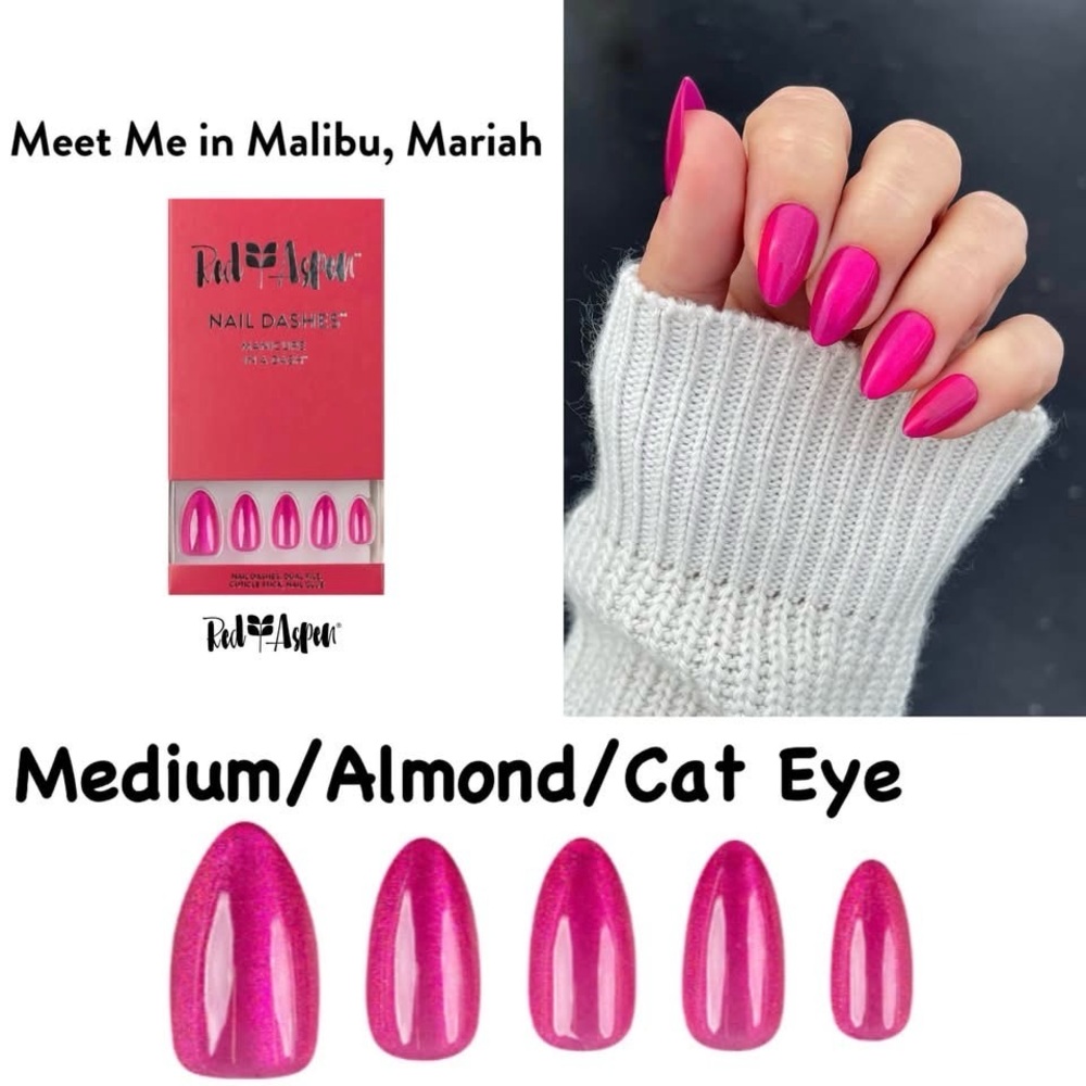'Meet Me in Malibu, Mariah' Medium Almond Cat Eye Press-On Nails - Bright Pink